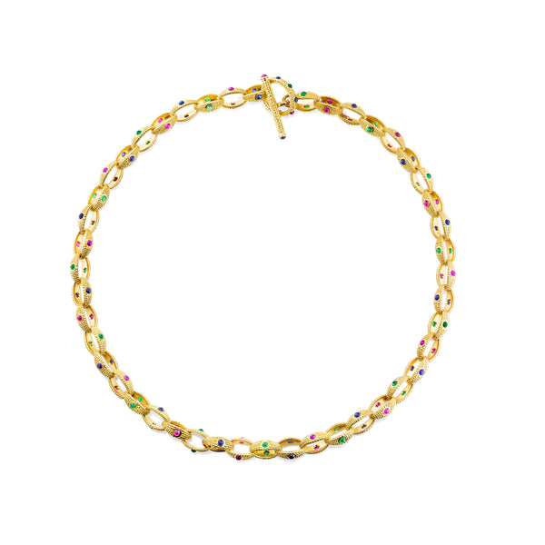 Link Necklace with Rubies, Emeralds and Sapphires
