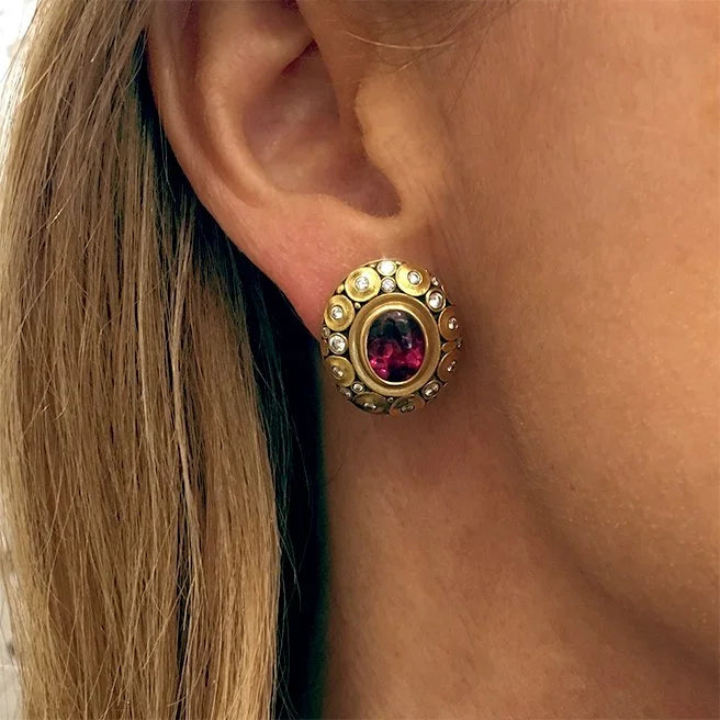 Pink Tourmaline Yellow Gold Earrings with Diamonds