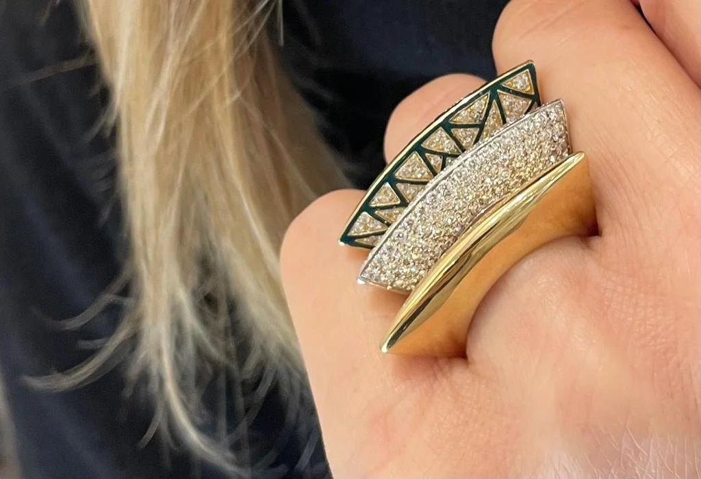 Lotus Ring -  yellow gold with green enamel and diamonds