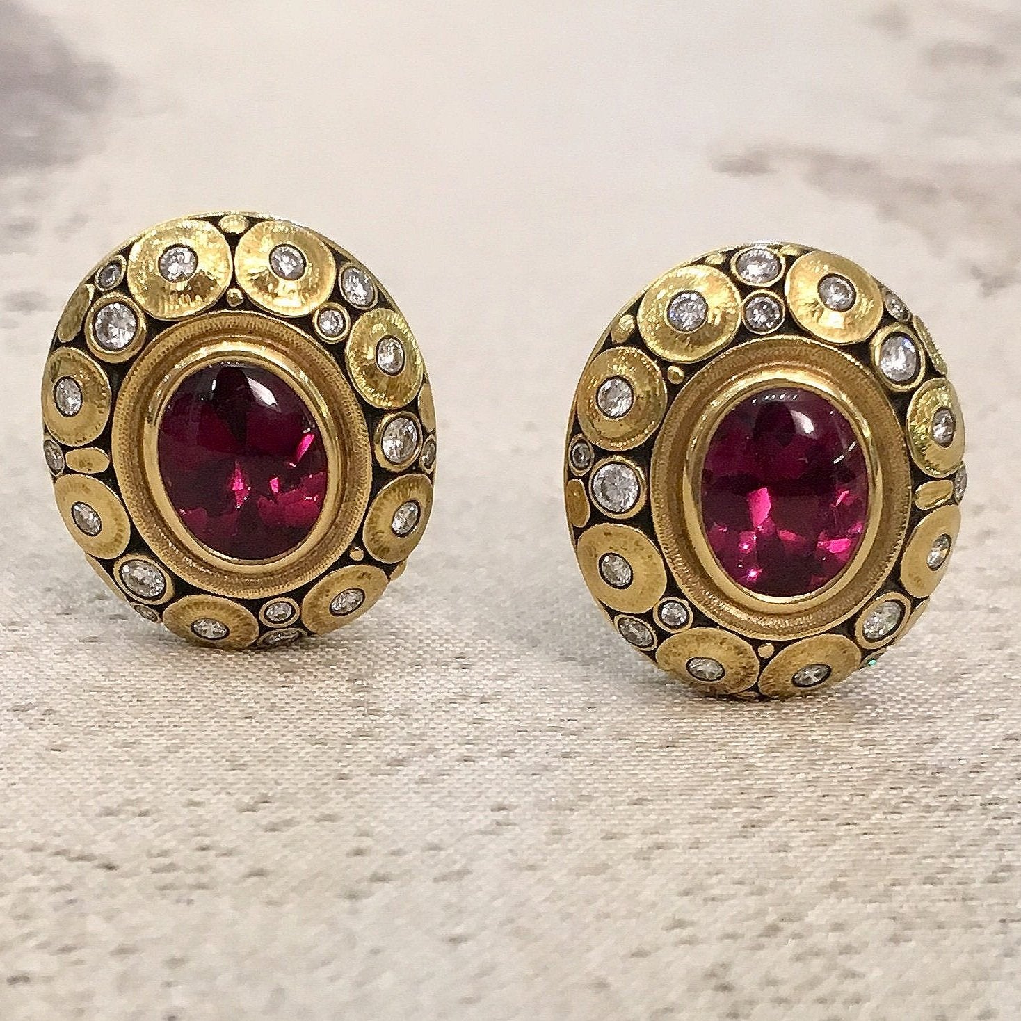 Pink Tourmaline Yellow Gold Earrings with Diamonds